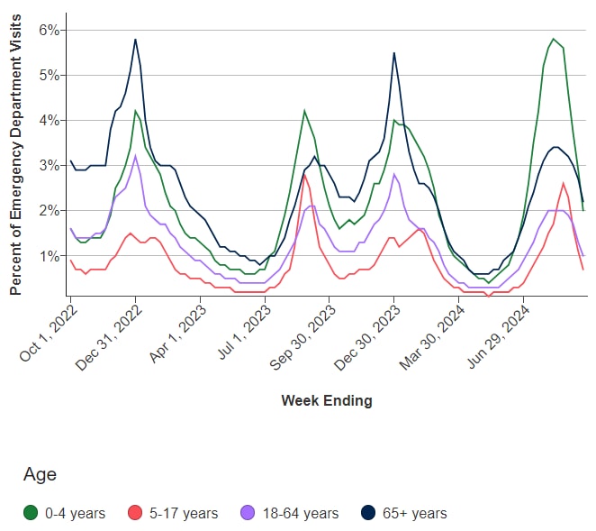 A line graph of the percentages of emergency department visits by age group from October 2022 to September 2024.