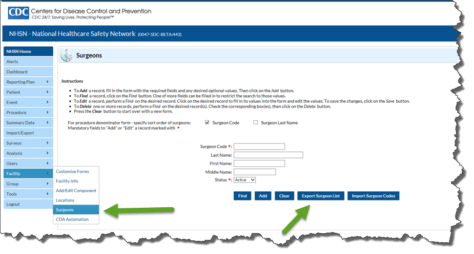 Screenshot of how to export facility's surgeons list