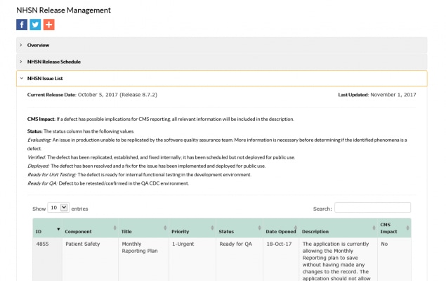 NHSN Release management webpage