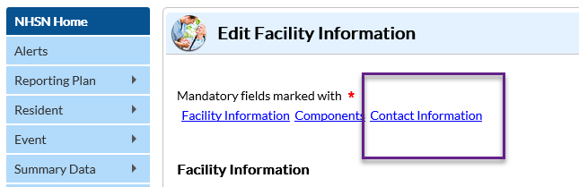 NHSN application Edit Facility webpage