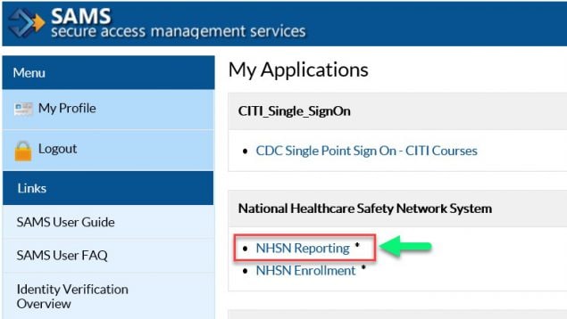 SAMS homepage with NHSN Reporting highlighted