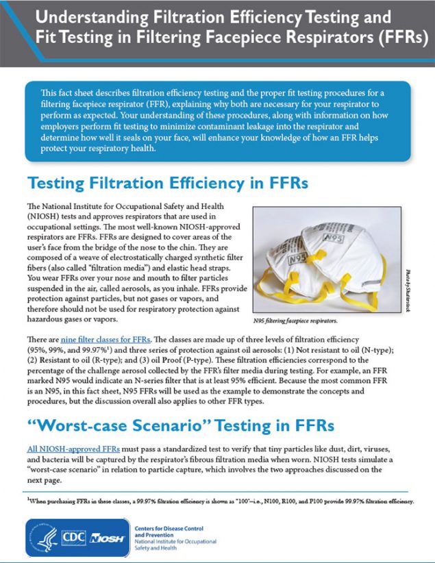 Cover page of Publication No. 2021-123, Understanding Filtration Efficiency Testing and  Fit Testing in Filtering Facepiece Respirators (FFRs)