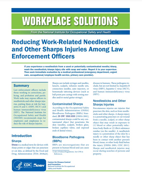 Publication 2022-154, Reducing Work-Related Needlestick and Other Sharps Injuries Among Law Enforcement Officers