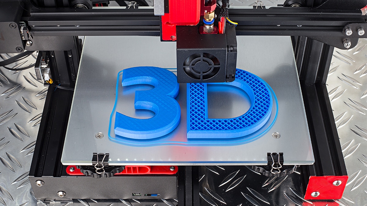 Red Black 3D printer printing blue logo symbol on metal diamond plate future technology modern concept background