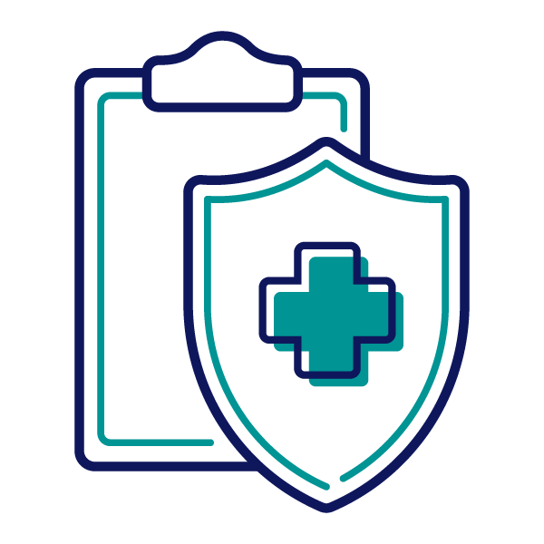 Icon of a shield with a medical cross in front of a clipboard.