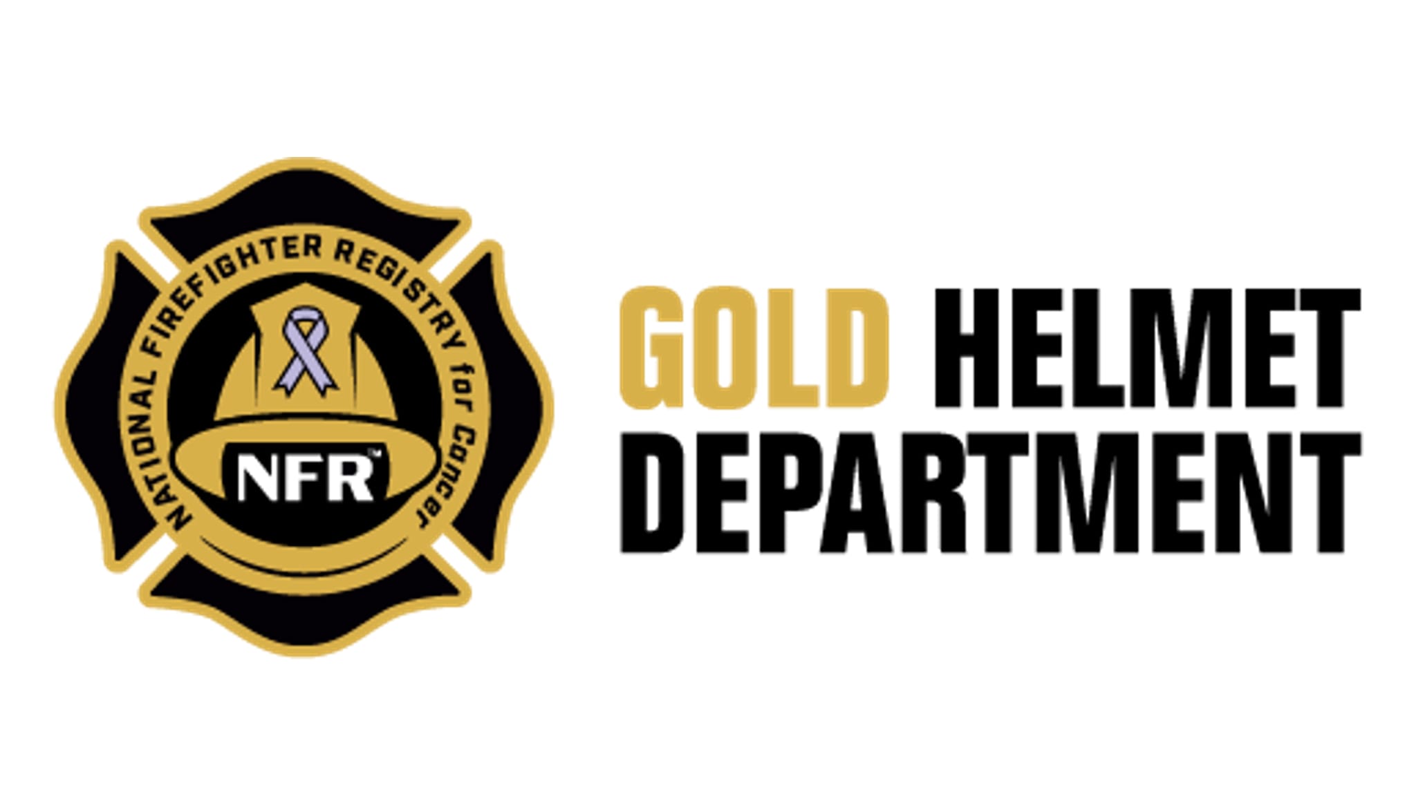 NFR logo of Firefighter helmet with purple cancer ribbon; Gold Helmet Department