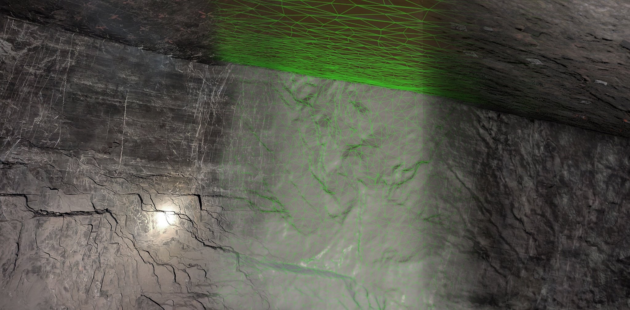 A blended image depicting the process of creating a digital environment (right) using photography (left) and LiDAR scanning techniques (middle).