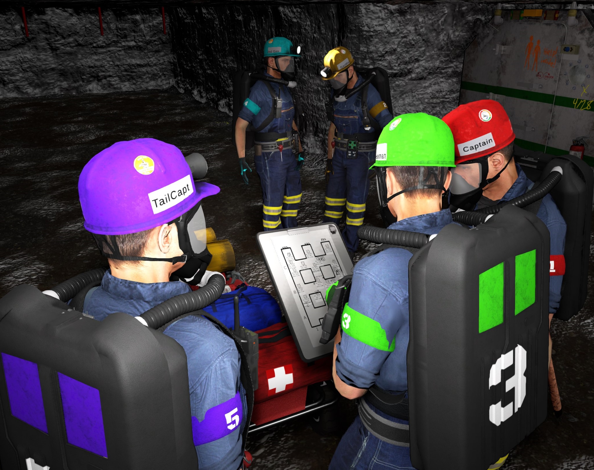 A screen capture from the third-person perspective of a five-man mine rescue team working through a mine emergency scenario in VR-MRT.