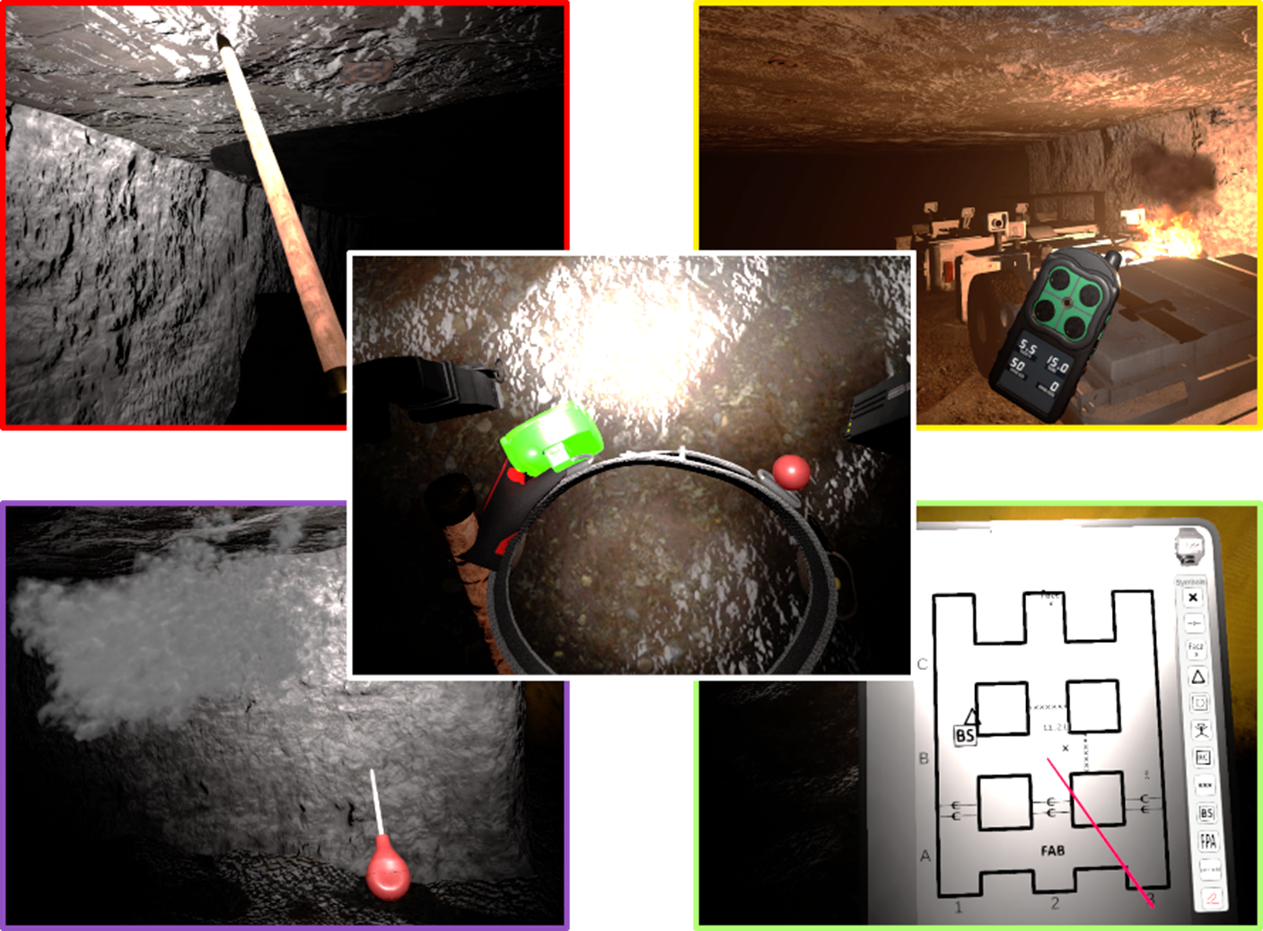 Screen captures from the first-person perspective of the tools available to various roles. Top left: a sounding stick; Top right: a multi-gas detector; Bottom left: a smoke tube; Bottom right: a map board; Center: captain's tool belt.