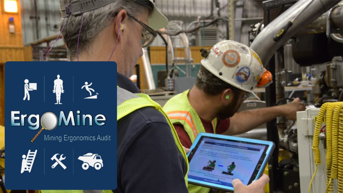 ErgoMine mobile app logo and photo of manager performing an audit on a worker