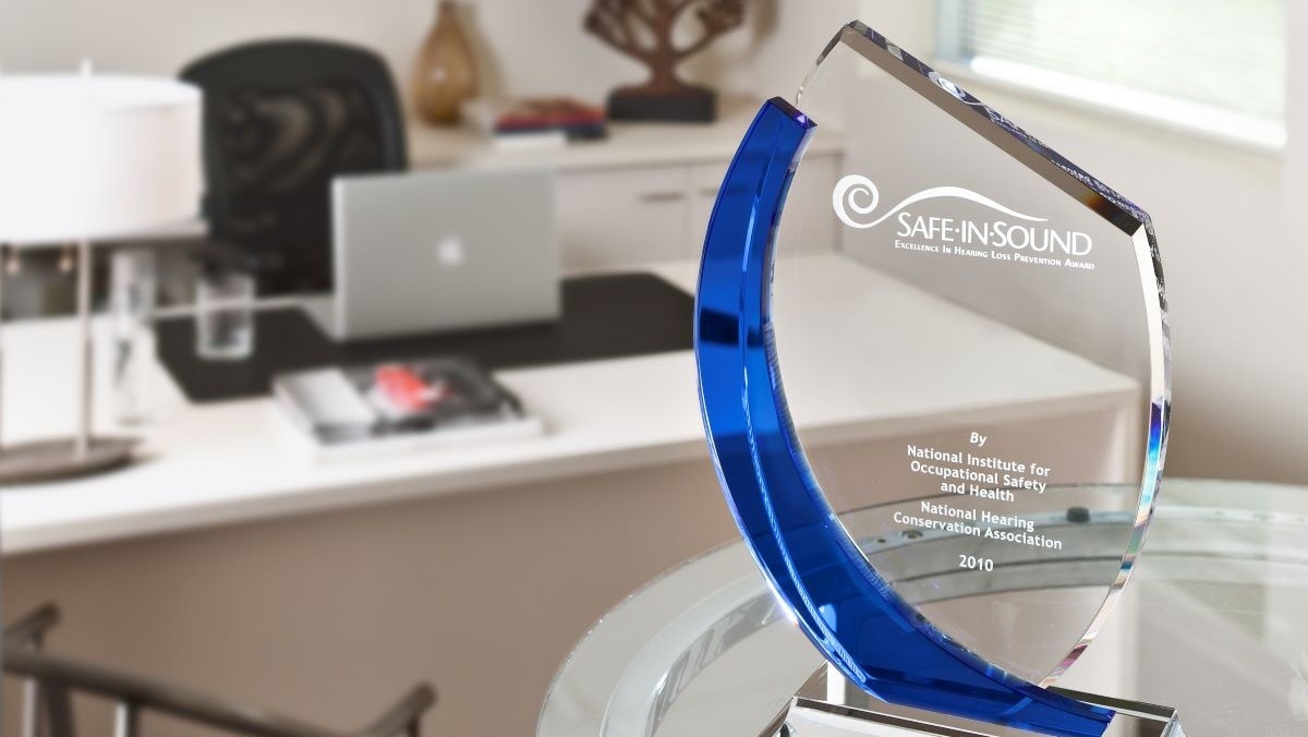 Safe-in-Sound trophy on a table in an office.