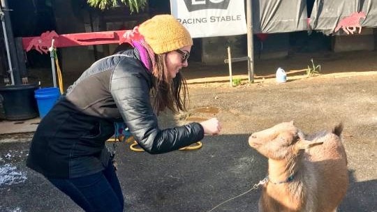 White woman with a coat and hat holding her hand out to goat.