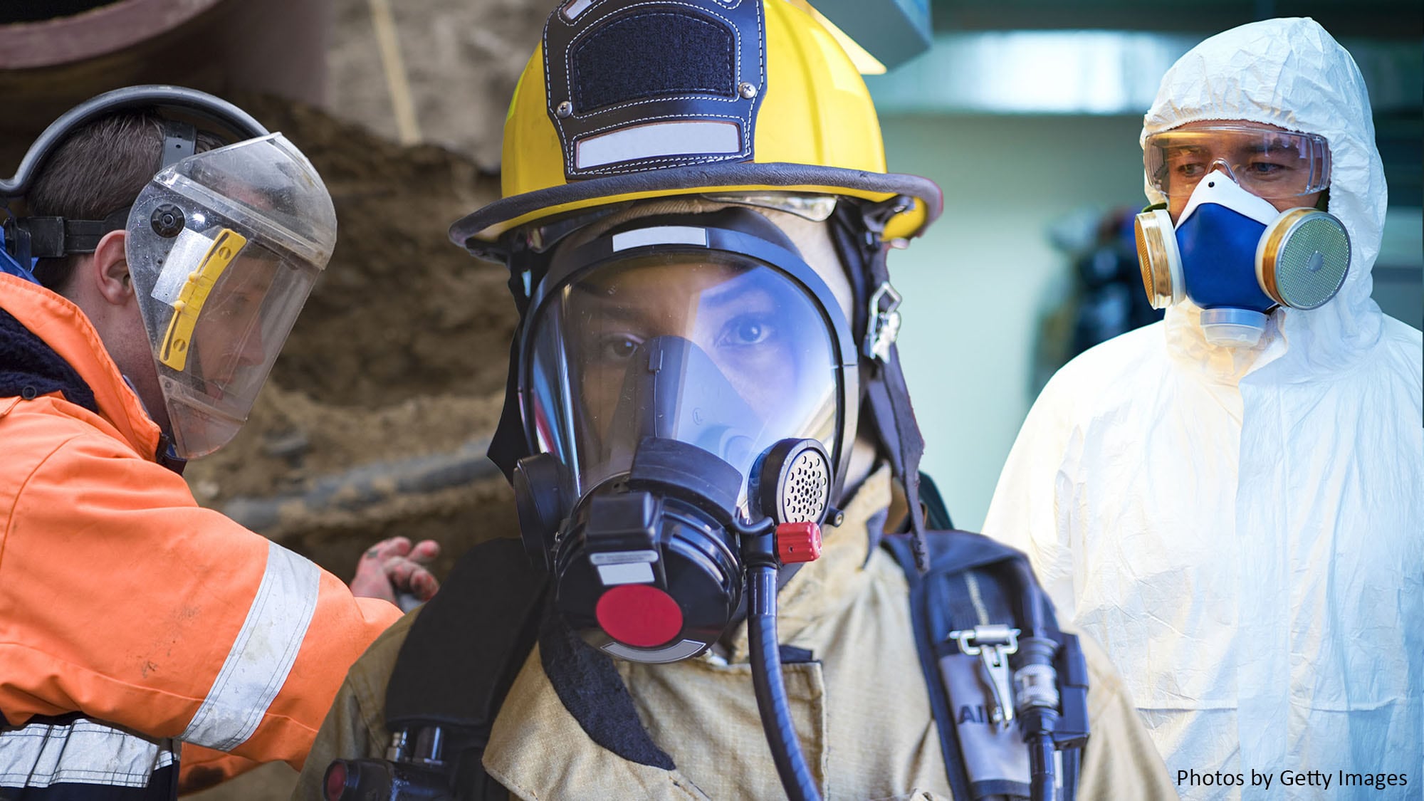 collage photo of three workers using different types of PPE to ensure safety.