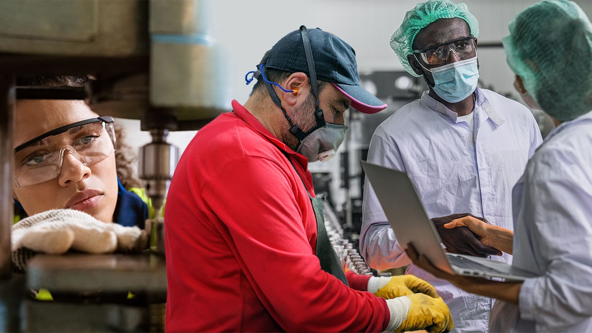 3 manufacturing workers completing job tasks wearing protective gear