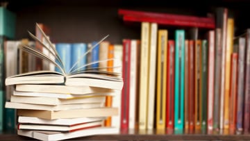 Stack of books on a wooden library shelf, one of them open on top, multicolored book spines background.