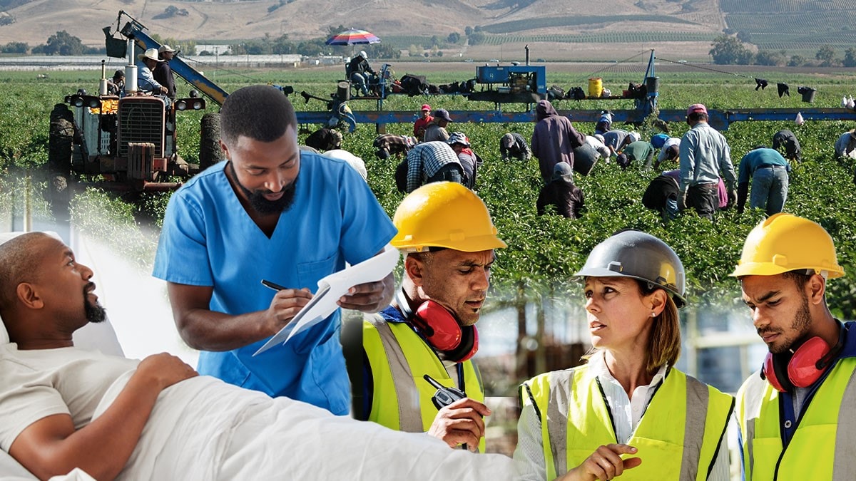 collage of workers in a variety of settings including agriculture and manufacturing.