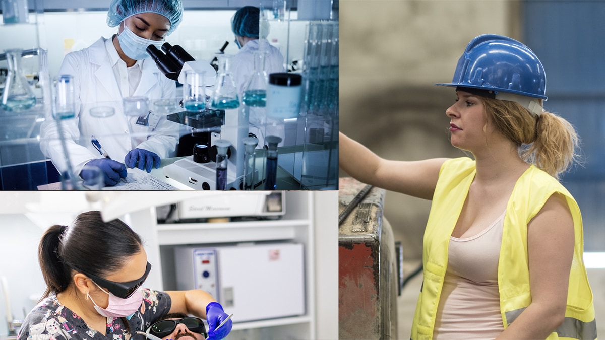 Trabajadoras embarazadas realizando sus tareas en un laboratorio, en la construcción y en un salón de manicura y pedicura.