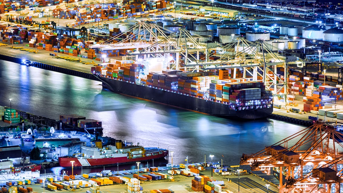 Aerial view loading of a cargo ship in Seattle.