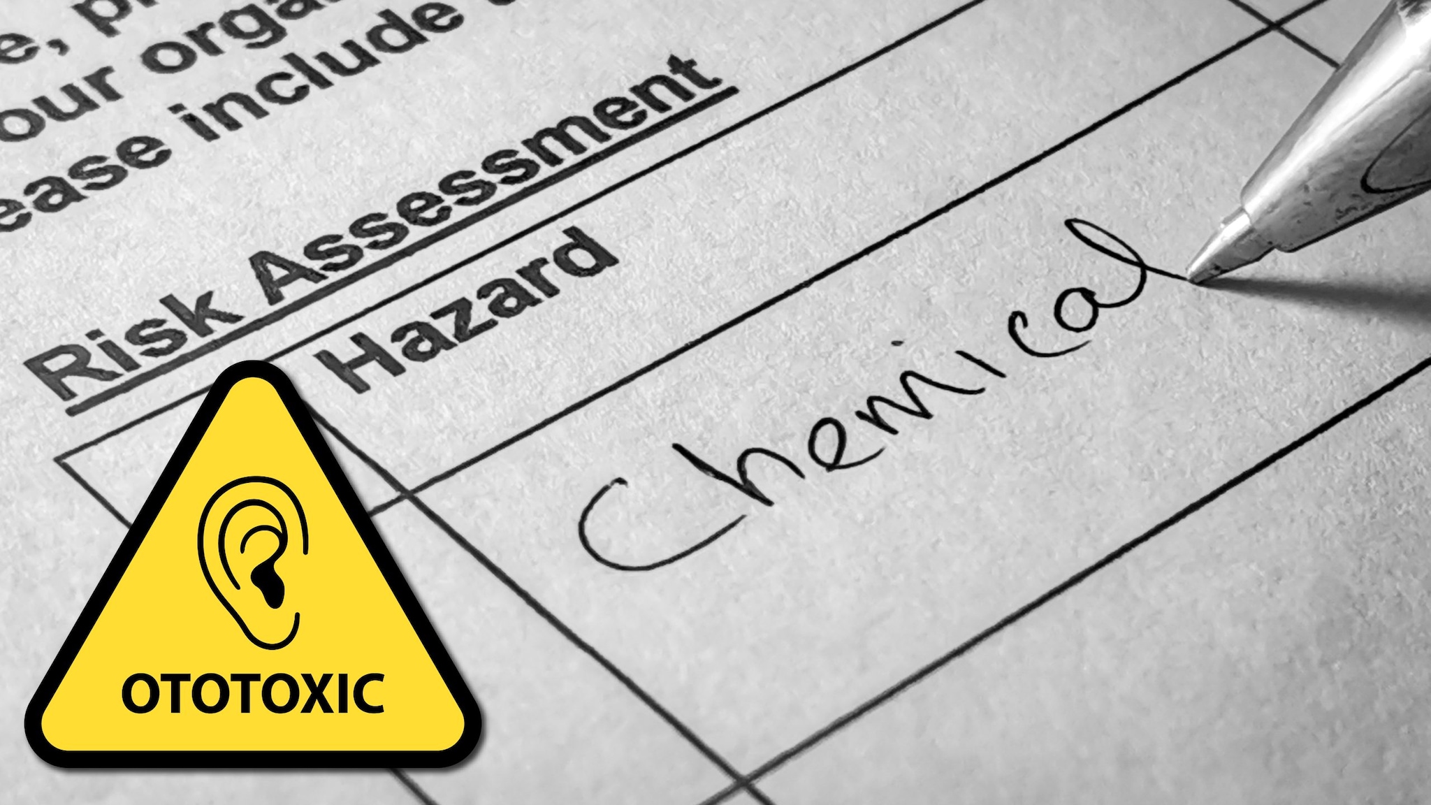 Warning symbol with ear icon that says ototoxic on paper risk assessment sheet