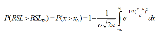 Equation B29 - This complex equation is used to determine the probability of rim coverage P. It requires knowing the receiver signal level x and the receiver signal threshold x sub 0 as well as the mean value representing the average received signal level and the standard deviation of the fading environment.