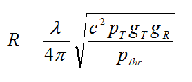 Equation B48 - The distance from the antenna to the point of interest R in meters equals open bracket lamda divided by 4 pi close bracket times the square root of open bracket open bracket a constant multiplier c squared times the transmitter power p sub T times the far-field transmit antenna gain g sub T times the receiver antenna gain g sub R close bracket divided by open bracket the threshold power p sub thr close bracket.