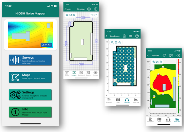 Screenshots from the NIOSH Noise Mapper Application, which can be used to provide visual images of the spatial distribution of sound levels within facilities. 