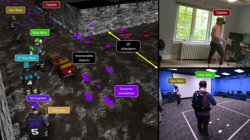 Left image is a screenshot from a virtual reality mine rescue simulation. Participants, objects, and environmental conditions are shown in an underground mine passage. Top right photo shows a researcher participating in the simulation. She is wearing VR goggles and holding controllers. Bottom right photo shows two researchers wearing VR gear and participating in the same simulation.