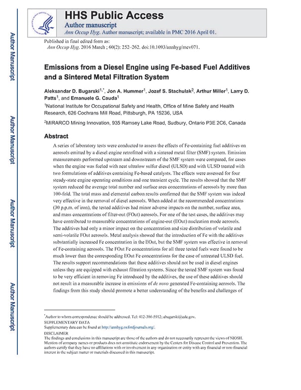 Cover sheet for Emissions from a Diesel Engine using Fe-based Fuel Additives and a Sintered Metal Filtration System