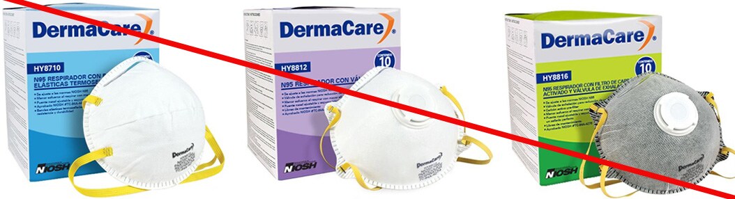 This is an example of a misrepresentation of a NIOSH-approved product. Products labeled as DermaCare or Espomega, with model numbers HY8710, HY8812, and HY8816, are NOT NIOSH approved. (8/7/2020)