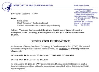 Screen shot of Respirator Users Notice