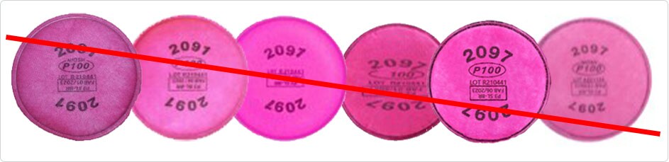 Examples of counterfeit filters using the same part numbers associated with authentic NIOSH Approved 3M P100 filters