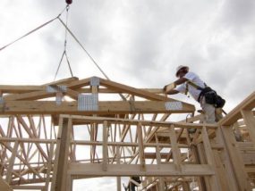 a construction worker building a house