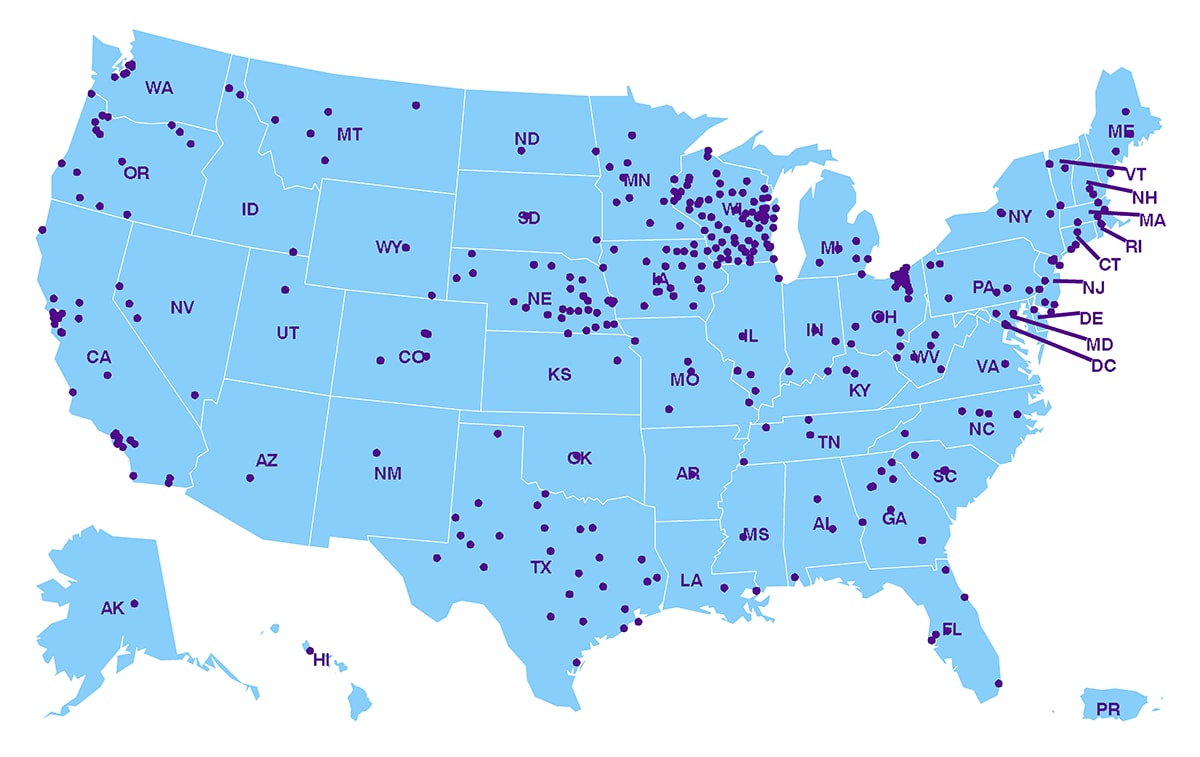 Map of the United States with dots where participating labs are located.