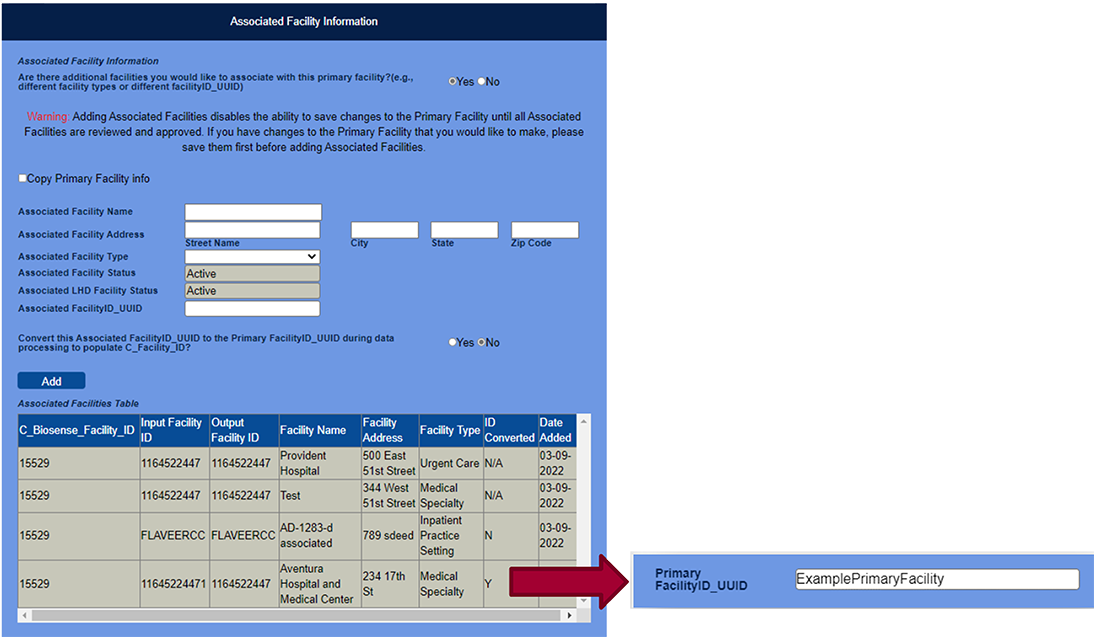 Figure 2. View of Associated Facility Table (in MFT) highlighting the different UUIDs