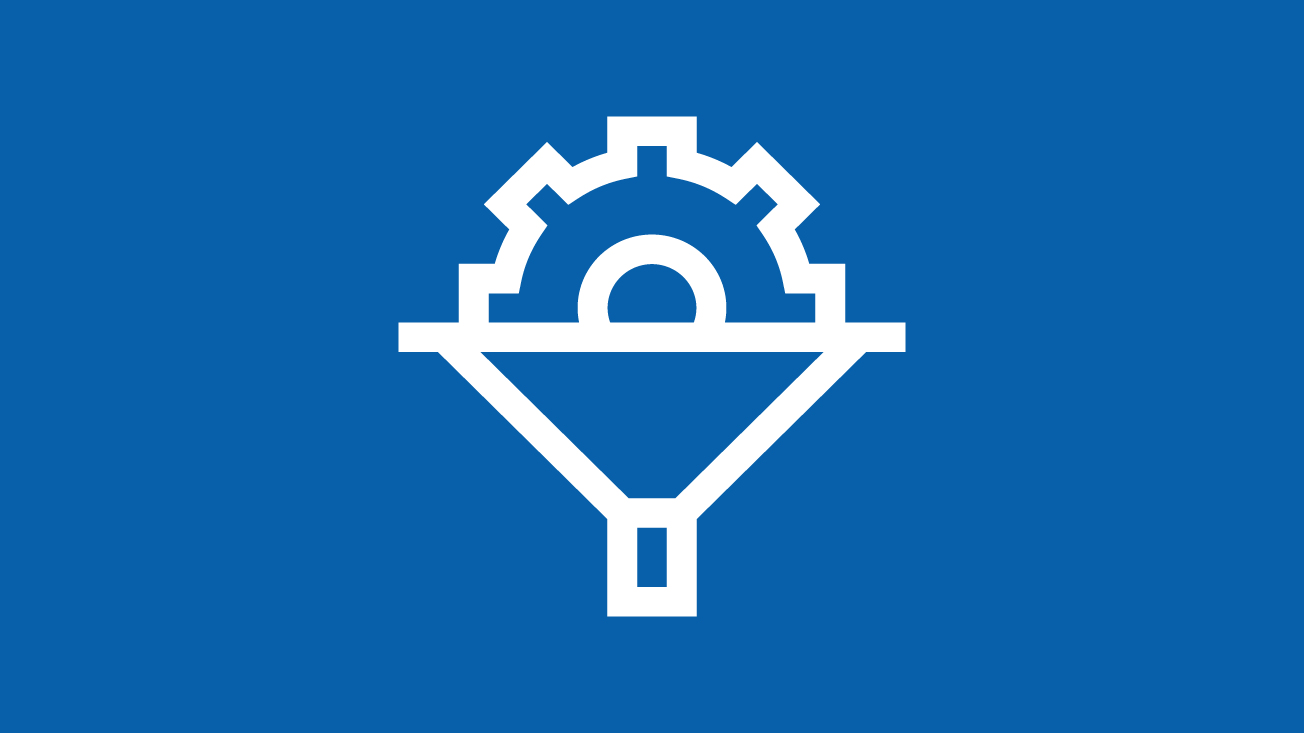 A funnel with a gear at the top on a blue background