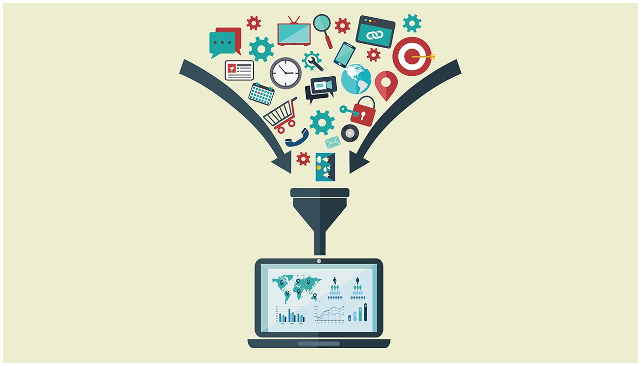 Graphic showing information symbols filtering through a funnel into a computer