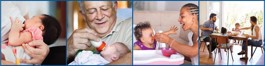 Infants and toddlers being fed by breastfeeding, bottle feeding, and spoon.