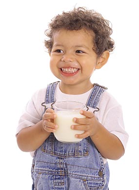 A 12 month old holding a small pitcher of cow’s milk. At 12 months old you can start to give your child cow’s milk that has been pasteurized and fortified with vitamin D.