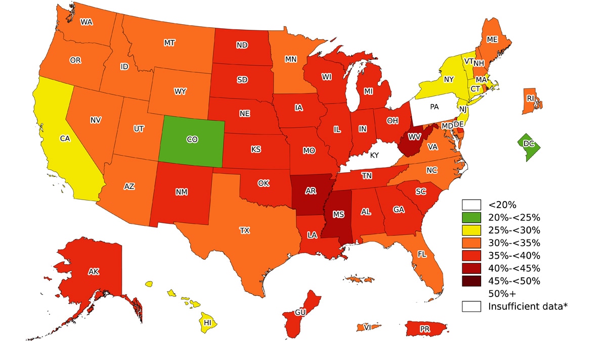 US map with states color coded according to the adult obesity prevalence in that state.