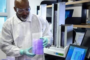 A scientist using a disposable biopsy punch, expelling the punches into a buffer, inside a biological safety cabinet (BSC).