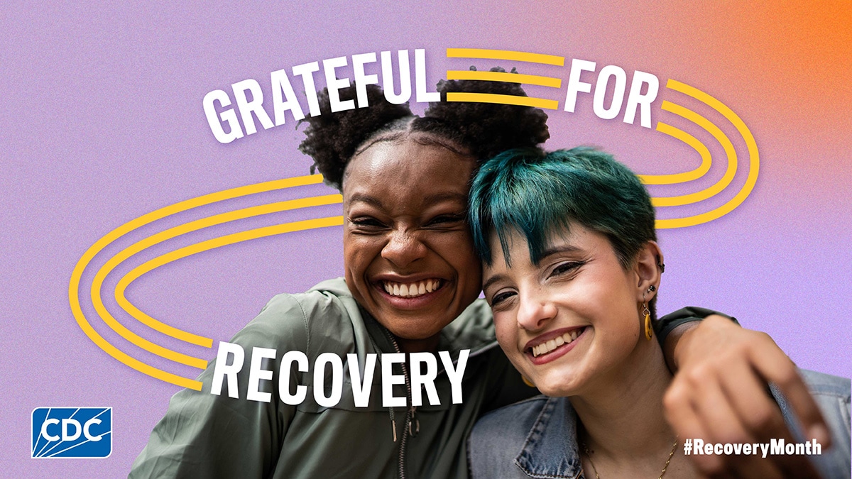 Image of people on a multi-colored background with text surrounding them that says "Grateful For Recovery"