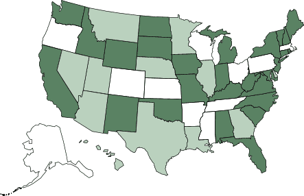 Map of the United States showing location of the StrongWomen program. Thirty-five states (plus Ontario, Canada, which is not shown] have active StrongWomen Program classes, including Alabama, Alaska, Arkansas, California, Colorado, Connecticut, Florida, Idaho, Indiana, Iowa, Kansas, Kentucky, Maine, Maryland, Massachusetts, Michigan, Mississippi, Missouri, New Hampshire, New Jersey, New Mexico, New York, North Carolina, North Dakota, Ohio, Oklahoma, Oregon, Pennsylvania, Rhode Island, South Carolina, South Dakota, Tennessee, Vermont, Virginia, Washington, West Virginia, Wisconsin, and Wyoming. Eleven states have active classes and have been the site of at least one workshop: Alaska, Arkansas, Colorado, Kansas, Massachusetts, Mississippi, Ohio, Oregon, Pennsylvania, Tennessee, and Wisconsin.