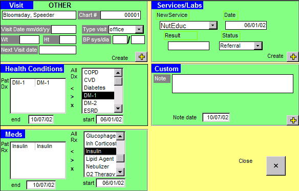 This screen capture depicts the New Visit Form in the Chronic Disease Electronic Management System. The form allows the user to enter information about each patient, including, from the top left, in a section called visit, the patients name, chart number, visit date, visit type, weight, height, blood pressure, and next visit date. In the next section down on the left, called health conditions, the user can enter patient diagnosis chosen from a drop-down list and a start and end date. The last section on the left, called meds, allows the user to choose what medicines a patient is taking from a drop-down list and a start and end date. On the upper right of the screen capture is a section called services/labs, where the user can choose a new service from a drop-down list, the date of the service, whether the patient is being referred elsewhere for the service, and the result. Below that is a final section called custom, for notes. 