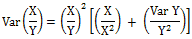 Var times the product of X over Y equals the product of X over Y squared times the product of the following quantities: X over the product of X squared plus Var Y over the product of Y squared