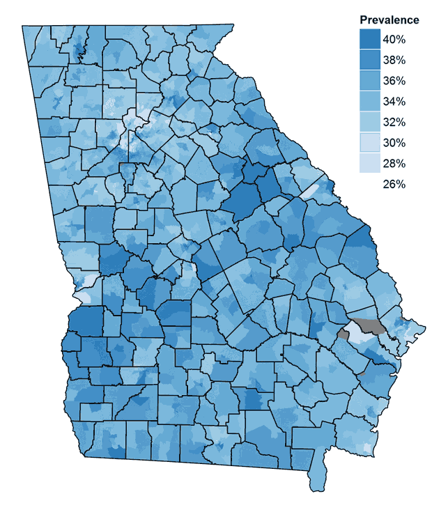 Prevalence estimates of a high body mass index among children and adolescents aged 10 to 17 in census tracts in Georgia in 2010