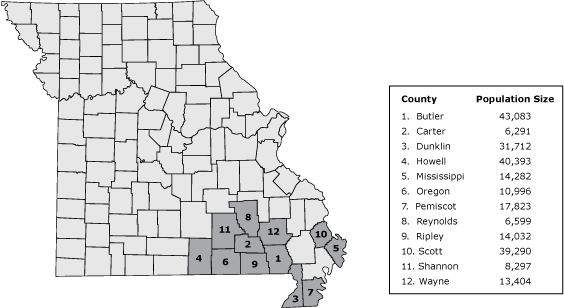 Counties in the Healthier Missouri Communities partnership and US Census Bureau population estimates for each county