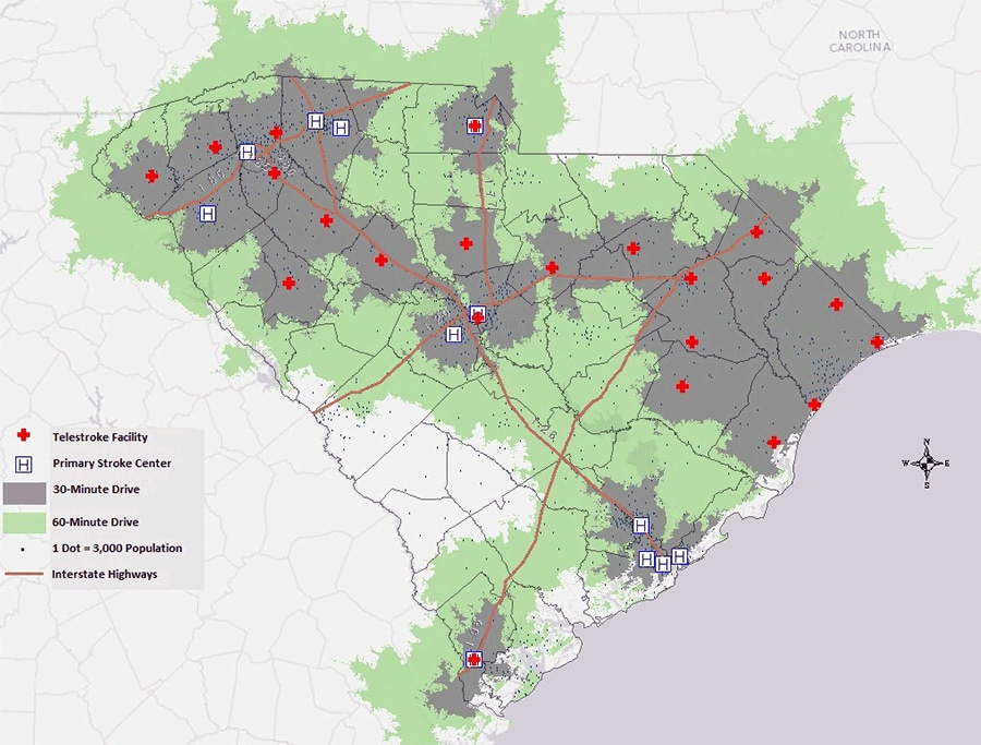 South Carolina primary stroke centers and telestroke centers and the population within a 30-minute or 60-minute drive time (95% of the South Carolina population live within a 60-minute drive of a primary stroke center or a telestroke center, and 76% live within a 30-minute drive).