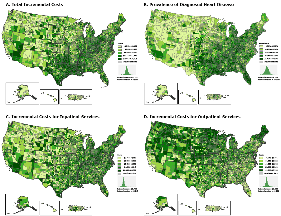 Incremental costs of care and prevalence of diagnosed heart disease for fee-for-service Medicare beneficiaries by county, 2012. A. Total incremental costs of care. Seven counties had negative incremental values. B. Prevalence of diagnosed heart disease. C. Incremental costs for inpatient services. Nineteen counties had negative incremental values. D. Incremental costs for outpatient services. Ten counties had negative incremental values. All counties with negative incremental values had fewer than 30 beneficiaries with heart disease. Beneficiaries with diagnosed heart disease were identified according to the following Centers for Medicare & Medicaid Services Hierarchical Conditions Category codes: congestive heart failure (80), acute myocardial infarction (81), unstable angina/acute ischemic heart disease (82), and specified heart arrhythmias (92). Incremental costs were calculated as the difference between the mean annual costs per capita for beneficiaries with heart disease and the mean annual costs per capita for beneficiaries without heart disease. For all maps, the category “Insufficient data” indicates that data from counties with fewer than 10 Medicare beneficiaries were suppressed. Data source: Centers for Medicare & Medicaid Services (5). We used ESRI’s ArcGIS 10.3 software to produce the maps.