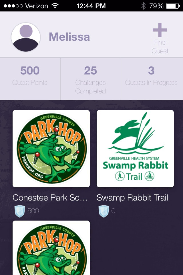 Screen shot of home screen, Park Hop mobile app, Greenville County, South Carolina, 2014.