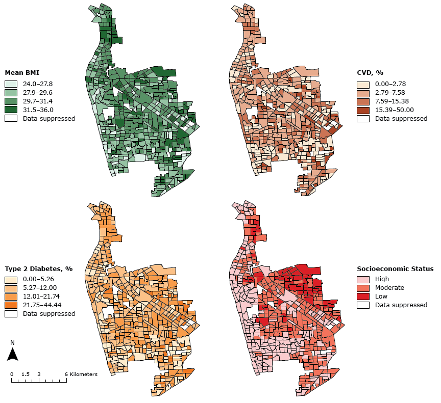 Regional variation of mean body mass index (BMI) (as calculated by clinical measurements of an individual’s weight and height [kg/m2]), cardiovascular disease event (CVD) diagnosis (%26#37;), type 2 diabetes diagnosis (%26#37;), and socioeconomic status, by Australian Bureau of Statistics Statistical Area Level 1 region, in western Adelaide, South Australia.